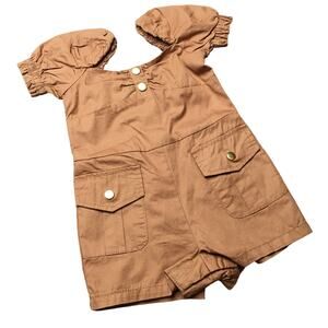 NWT Janie And Jack Girls Puff Sleeve Patch Pocket Romper Brown Cotton 12-18M